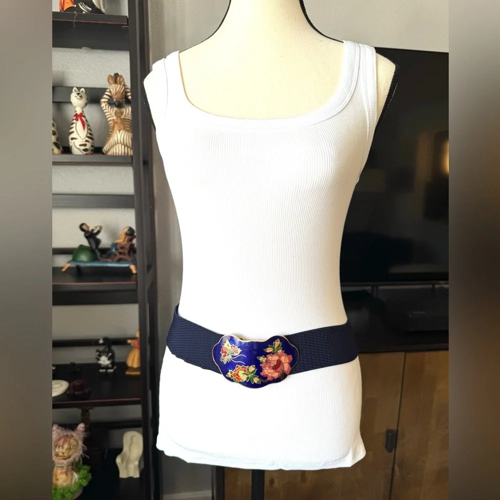Vintage Cloisonné Floral Blue Stretchy Belt